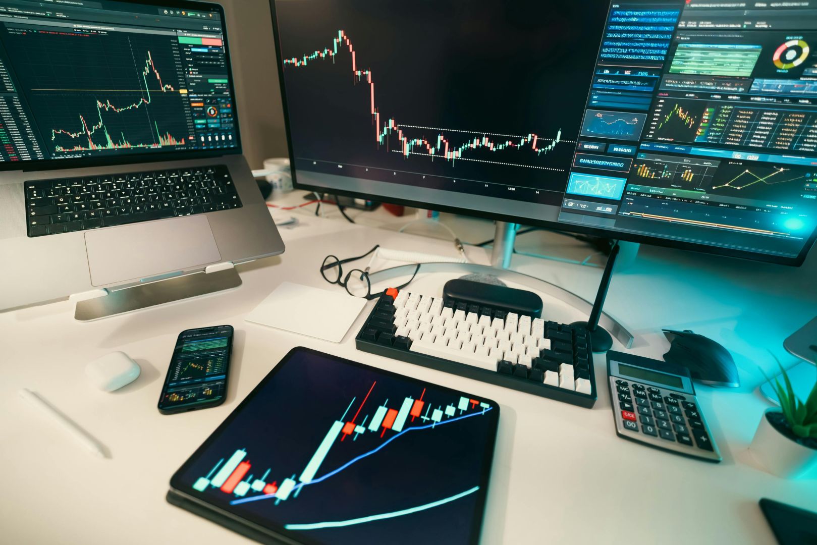 Ein moderner Handelstisch mit Bildschirmen, auf denen Finanzdiagramme und -grafiken angezeigt werden und der ein digitales Analyse-Setup demonstriert.