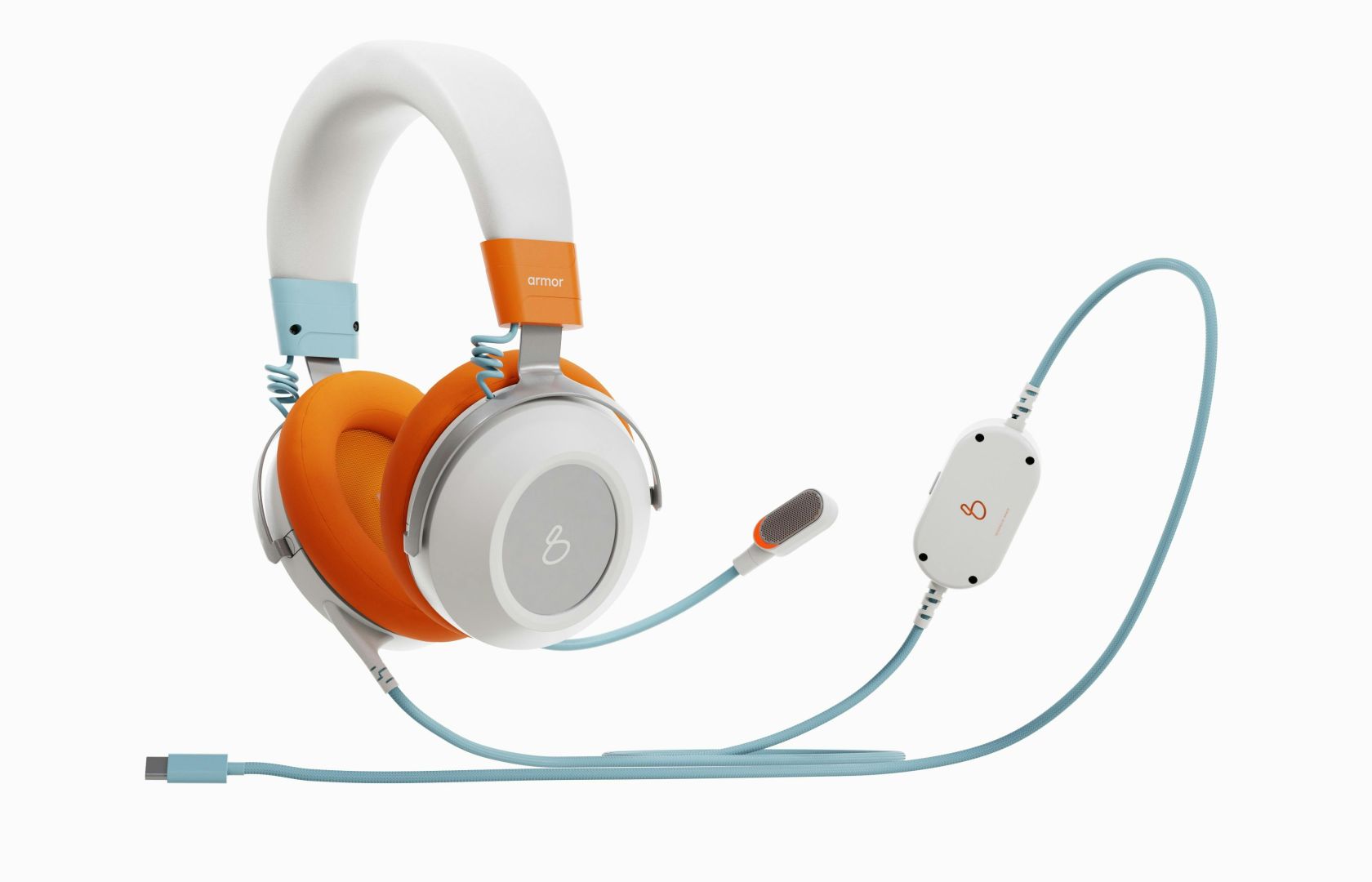 Farbenfrohe Over-Ear-Kopfhörer mit Mikrofon im orange-weißen Design mit Kabelanschluss.