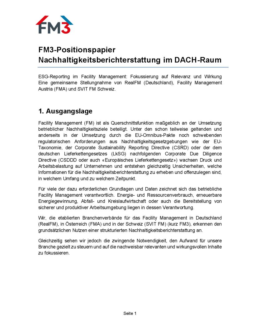 FM3 fordert praxisnahe und wirksame ESG-Berichterstattung im Facility Management