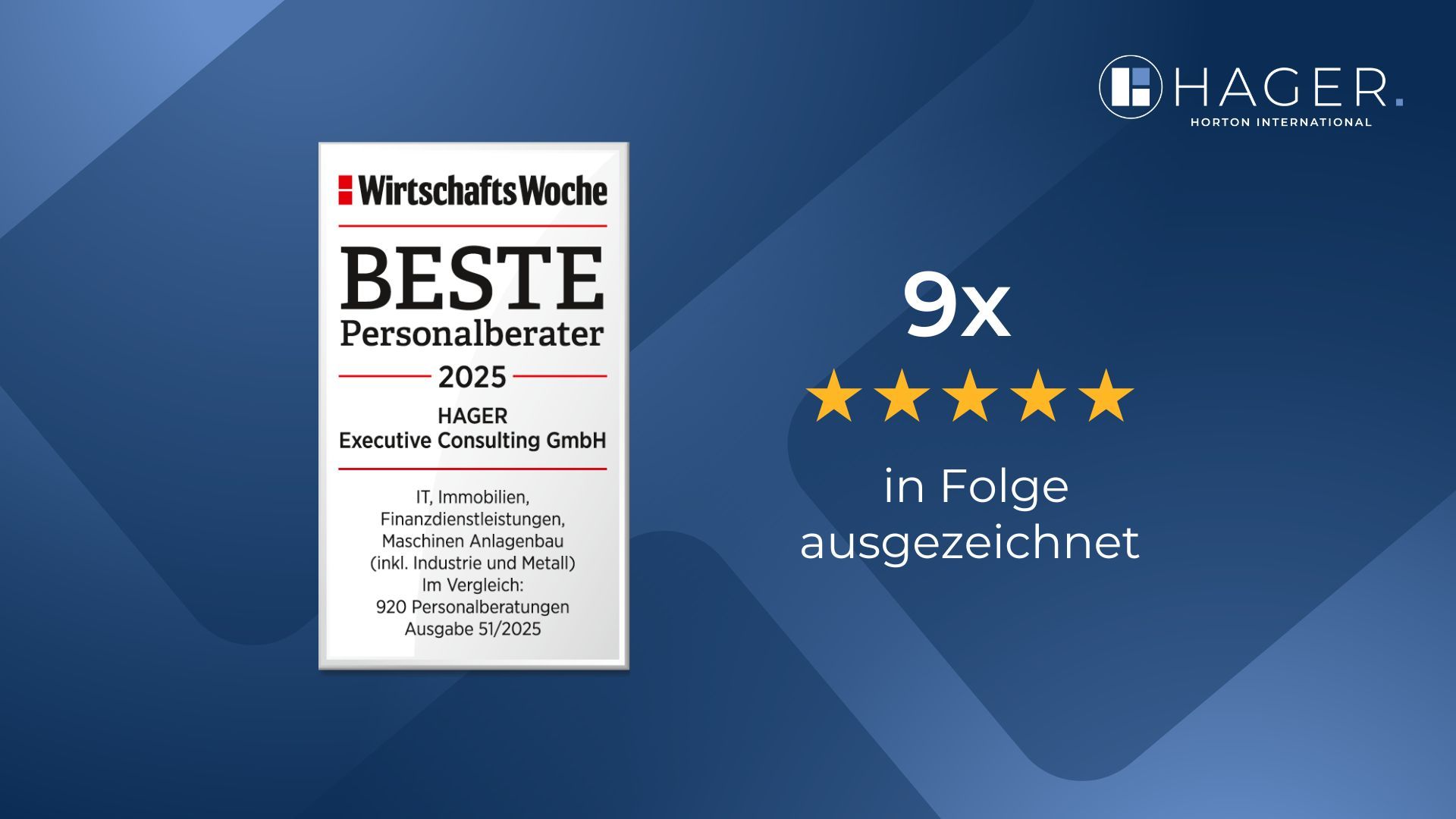 HAGER Executive Consulting zum neunten Mal ausgezeichnet: WirtschaftsWoche kürt die Personalberatung erneut zu den „Besten Personalberatern 2025“