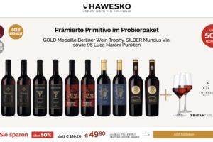 Hawesko Weinpaket „Prämierte Primitivo“ für 49,90€ – 10 Flaschen + 2 Zwiesel-Gläser