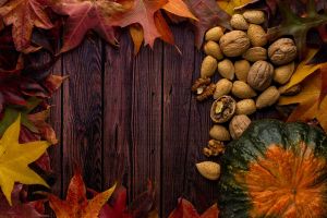 leaves, nuts, pumpkin