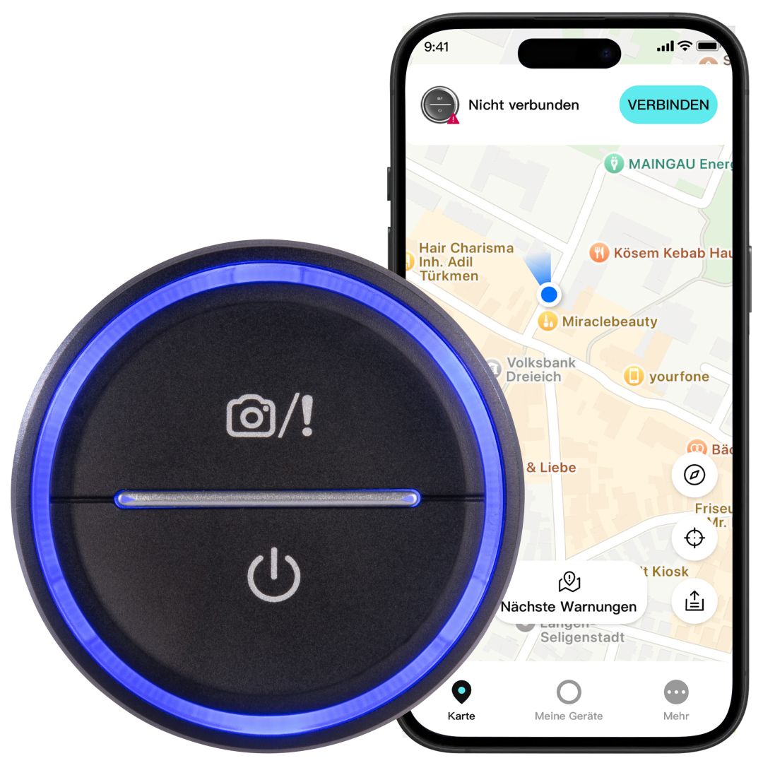 Lescars Akku-Gefahrenstellen-Warner mit Bluetooth und App, Multicolor-LED-Ring