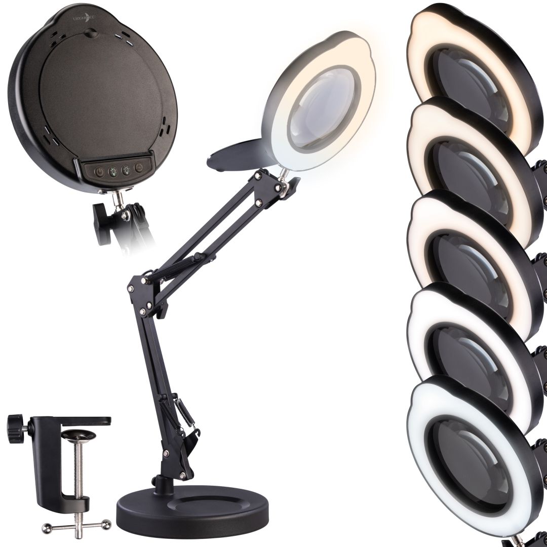 Lunartec LED-Lupenleuchte, 10-fach, CCT, 500 lm, dimmbar, Tischklemme/Standfuß