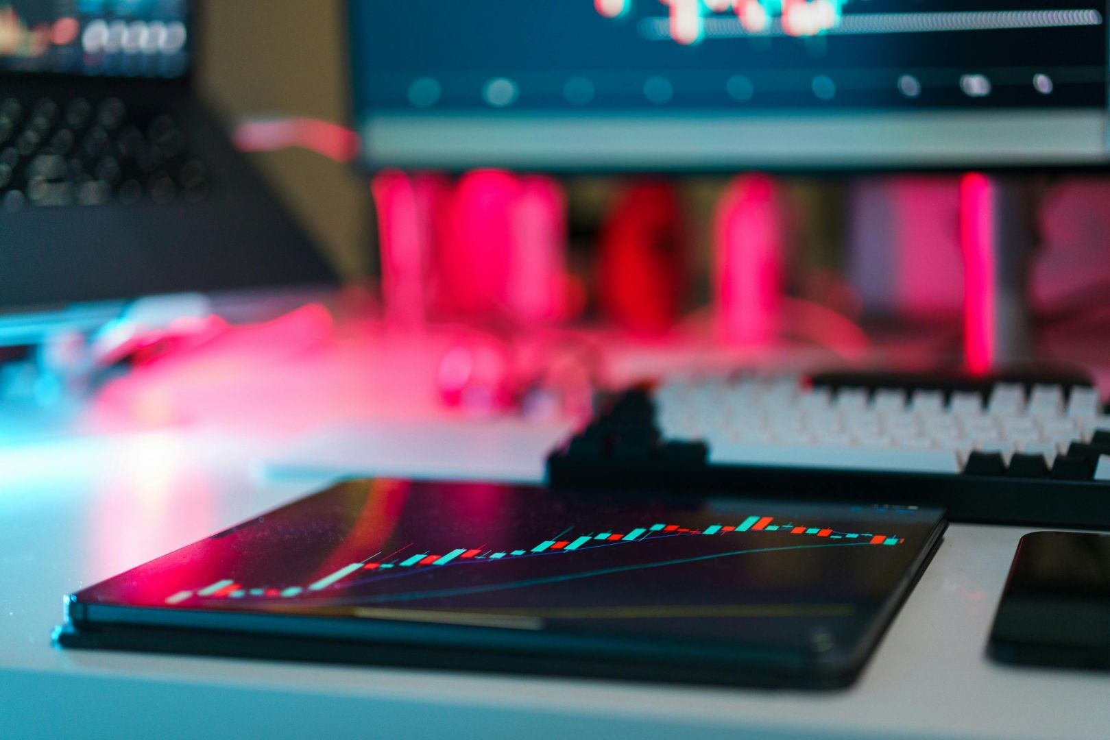 Moderner Finanzarbeitsplatz Mit Computer, Tablet Und Handelsdiagrammen