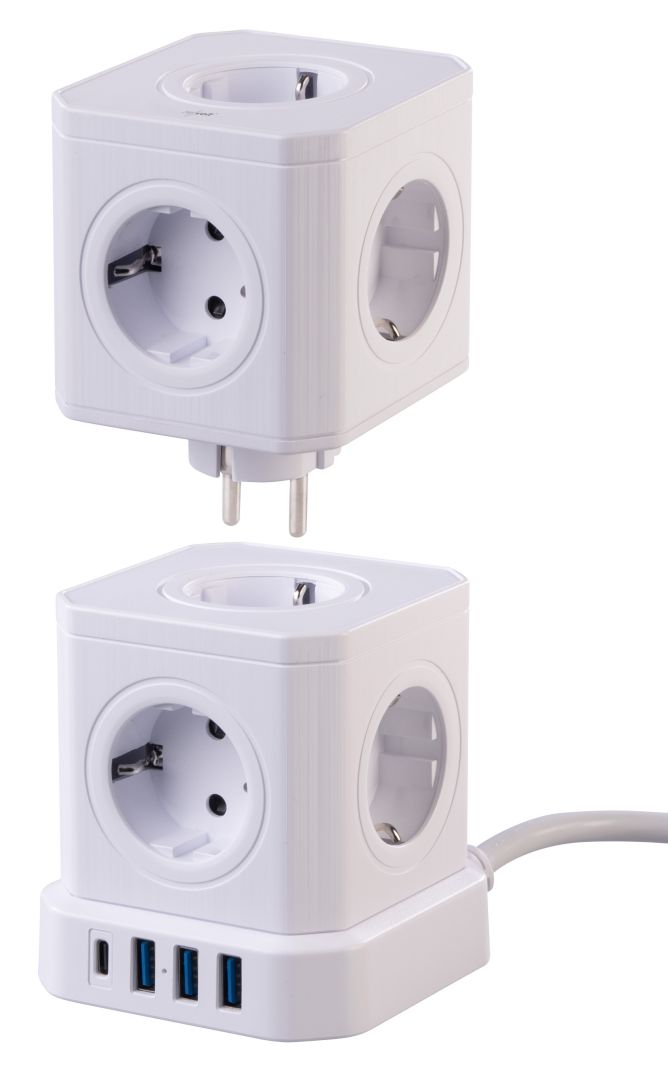 revolt 13in1-Steckdosen-Turm, 9 Steckdosen, 3x USB-A, USB-C, PD 20 Watt, weiß