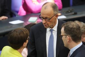 Saskia Esken, Friedrich Merz, Jens Spahn am 06.05.2025