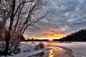 winter landscape, sunset, twilight