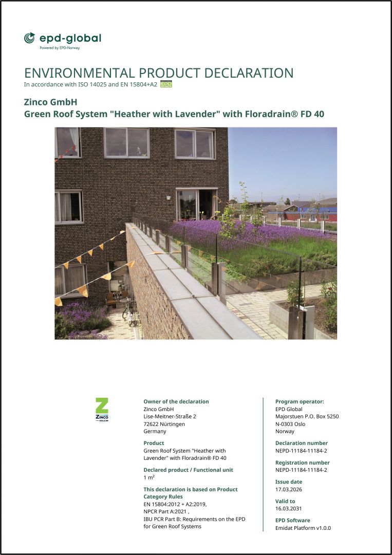Zinco international einziger Hersteller mit über 20 Umwelt-Produktdeklarationen (EPD) für Dachbegrünungssysteme