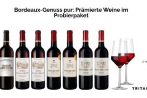 8 Flaschen Rotwein (Bordeaux Paket) + 2 Schott Zwiesel Gläser für 42,90€