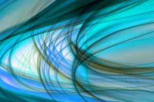 Abstraktes Kunstwerk mit wirbelnden Wellen aus blauen und grünen Lichtmustern, die einen lebendigen visuellen Effekt erzeugen.