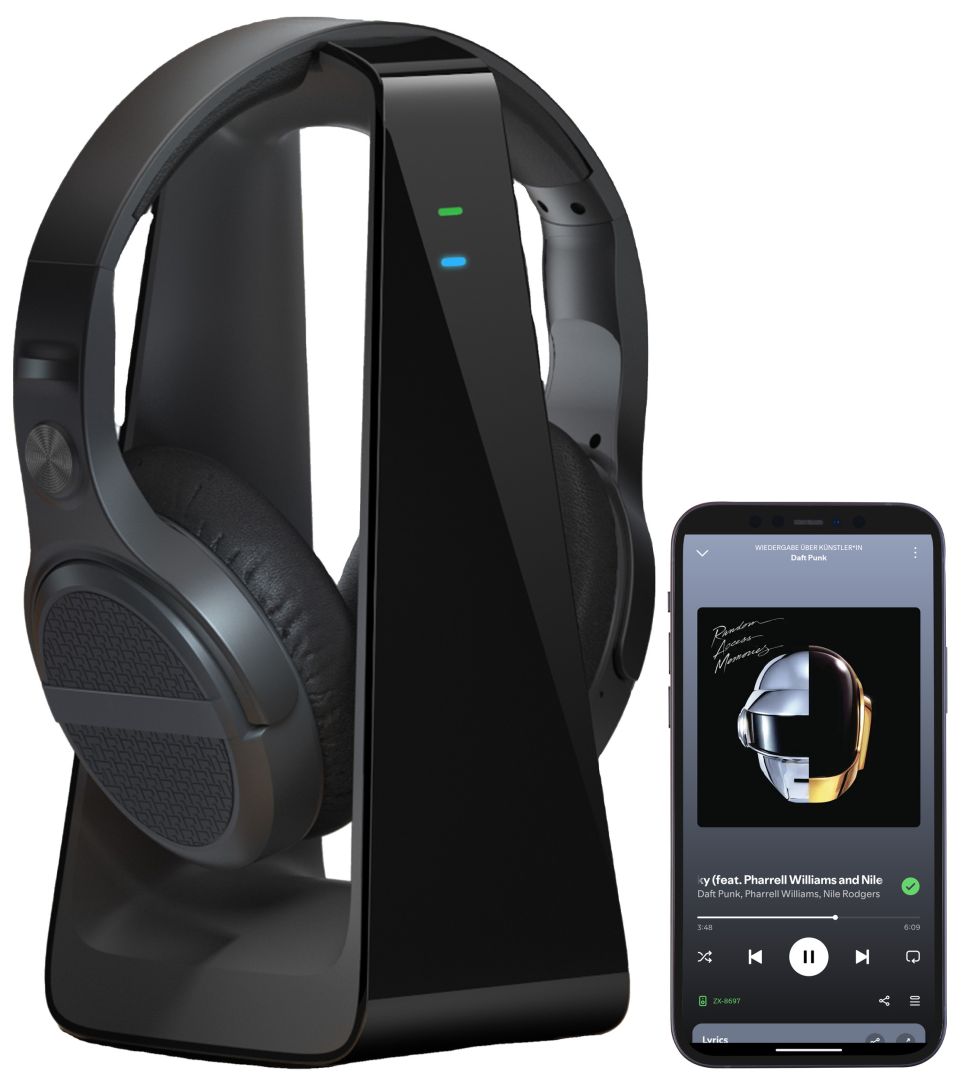 auvisio Digitaler Stereo-Funkkopfhörer OK-335, DSP, Akku, Bluetooth, Ladestation, 30 m