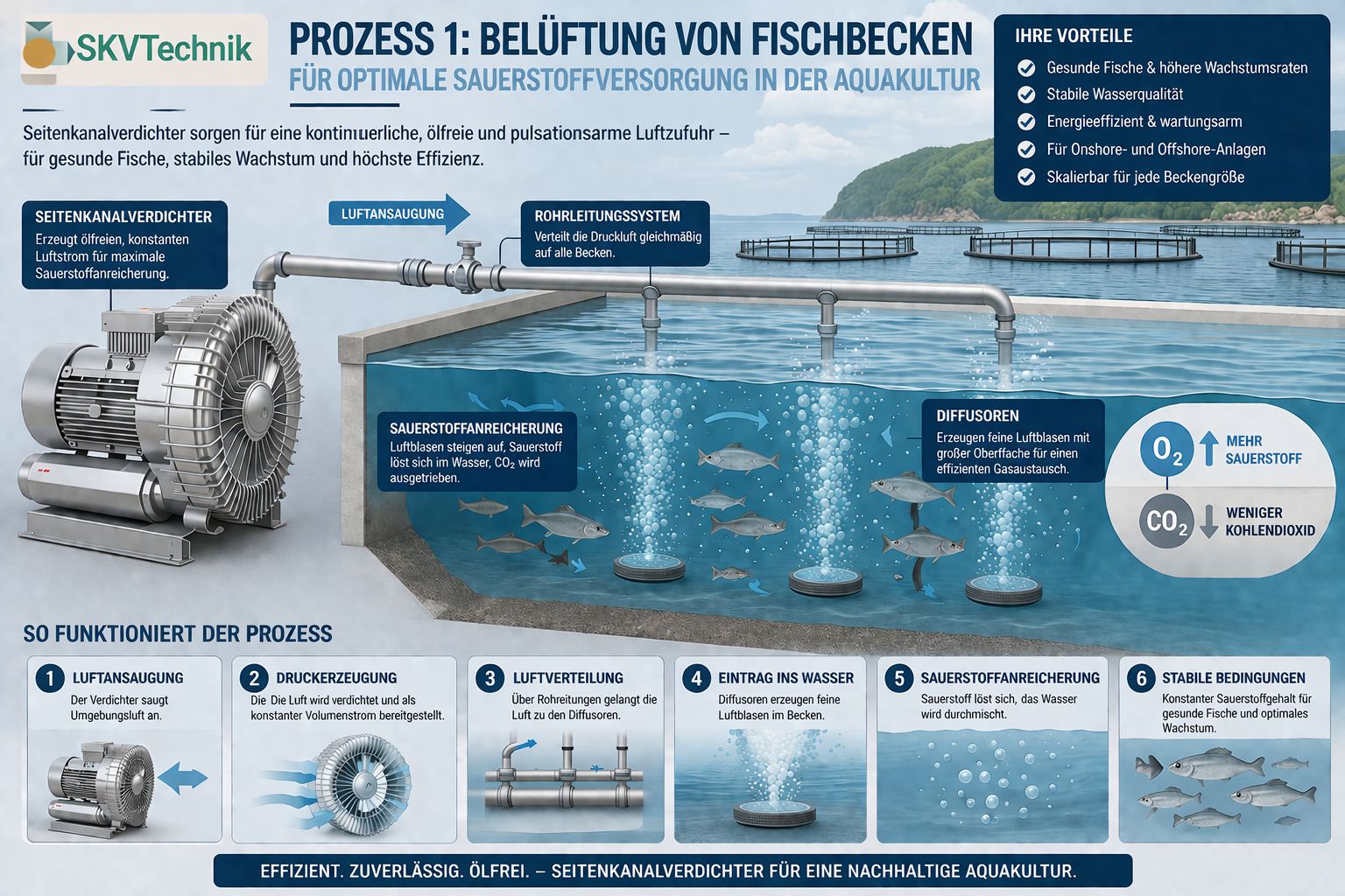 Effiziente Lufttechnik für Aquakultur, Verarbeitung und industrielle Prozesse