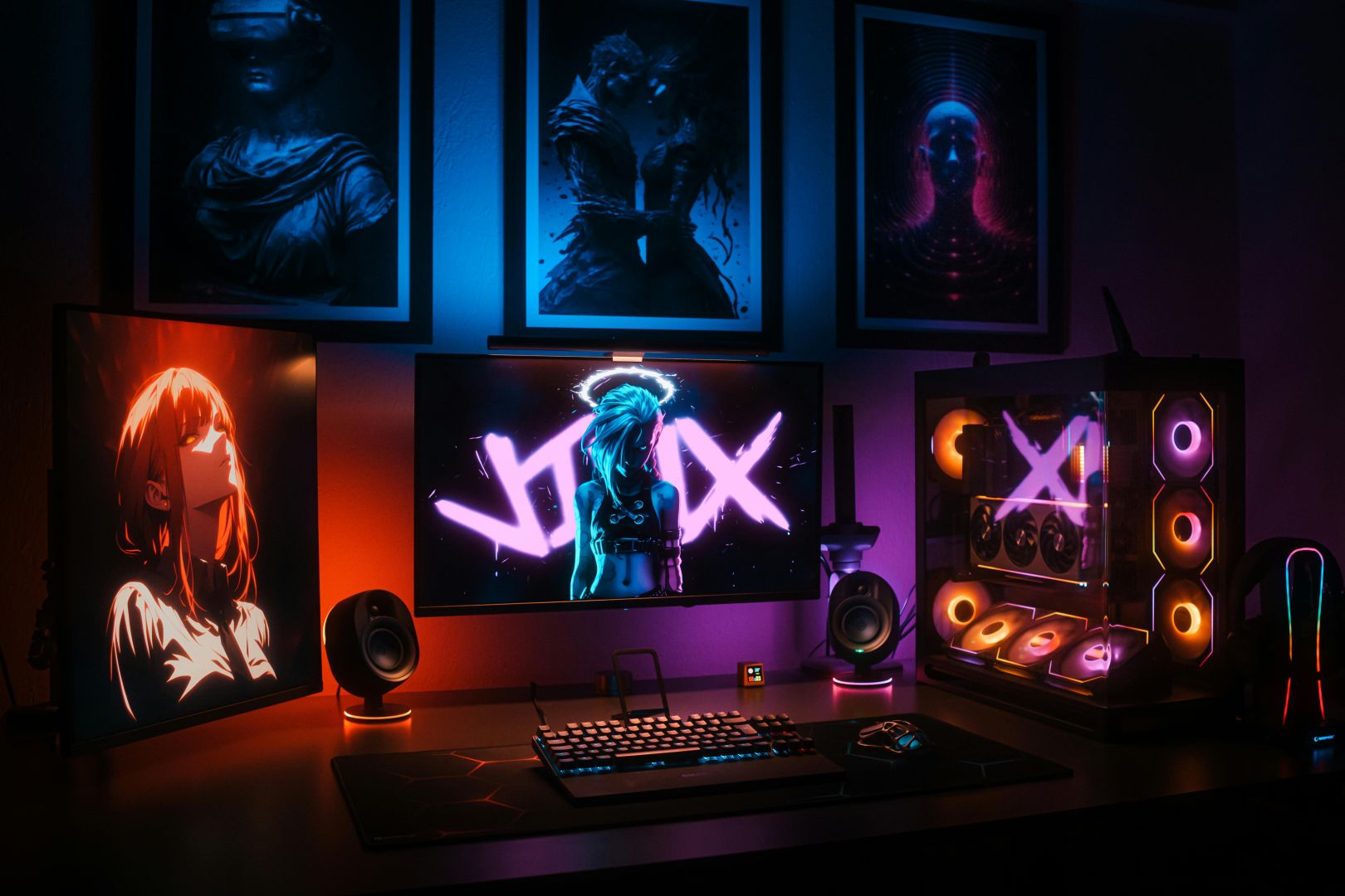 Ein lebendiges Gaming-Setup mit Neonlichtern, Displays und einem benutzerdefinierten PC in einem künstlerischen Raum.