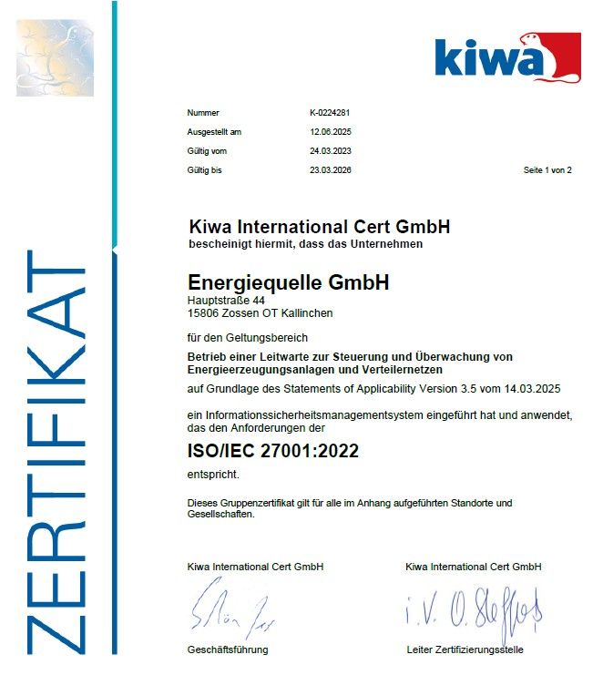 Energiequelle GmbH besteht Audit für die ISO/IEC 27001:2022