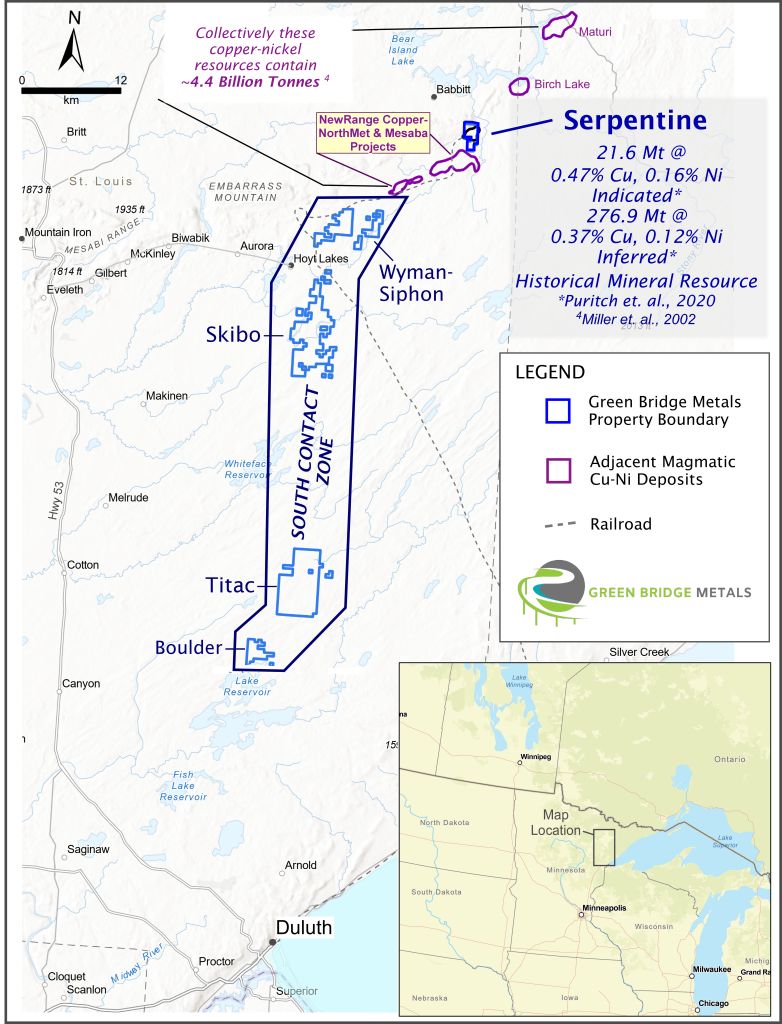 Green Bridge Metals schließt endgültige Vereinbarung über die Option auf das großvolumige Kupfer-Nickel-PGE- Serpentine -Projekt im Duluth-Komplex, Minnesota, USA