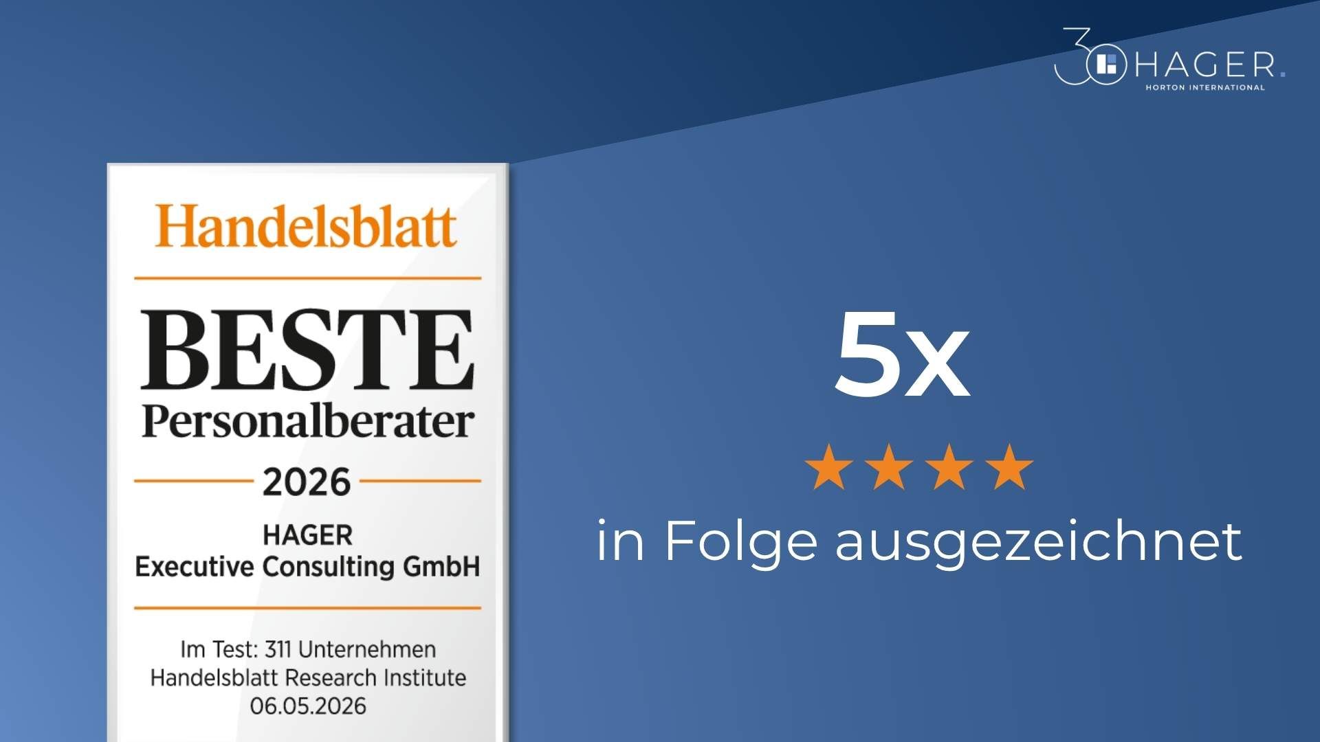 Handelsblatt zeichnet HAGER zum 5. Mal als eine der besten Personalberatungen Deutschlands aus