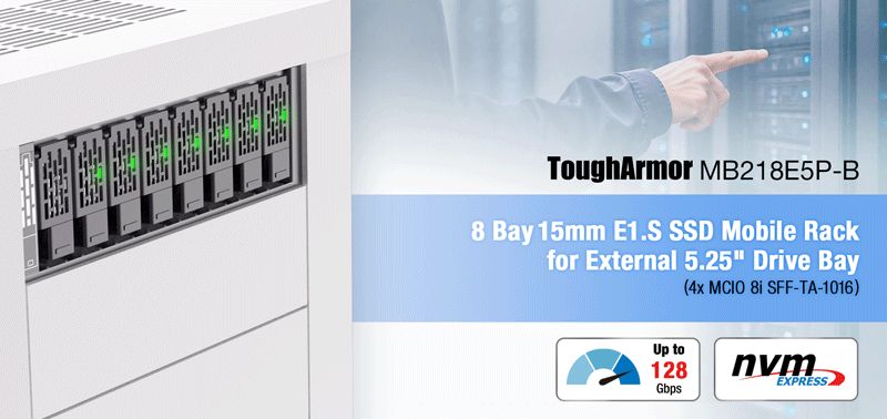 Hochkompakter 8-Bay E1.S NVMe Speicher in einem einzelnen 5,25