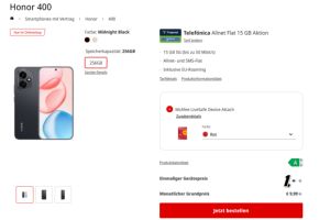 Honor 400 256GB + 15GB 5G + Alles-Flat im o2-Netz für 9,99€/Monat – Tarif eff. GRATIS