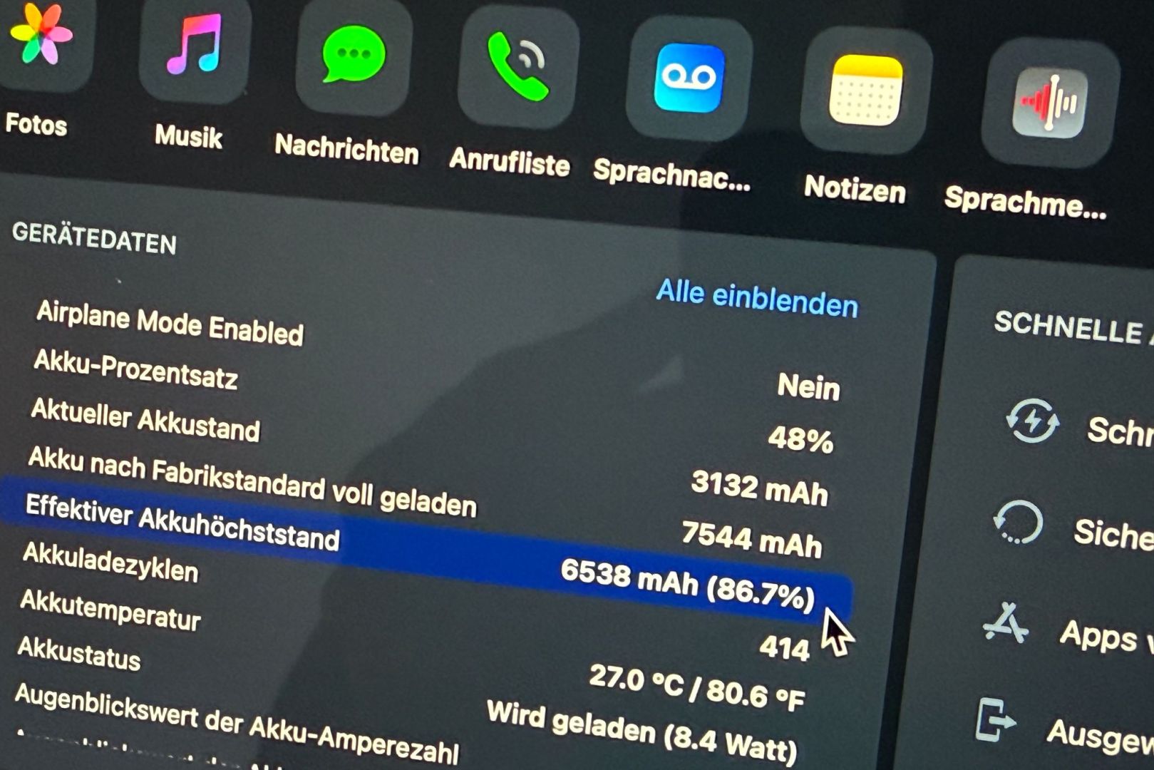 iPad-Gerätedaten zum Akkuzustand