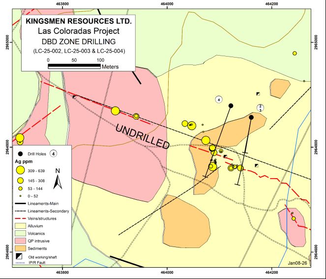 Kingsmen bebohrt neue Entdeckung mit hochgradiger Silbermineralisierung: 3,15 m mit 241 g/t AgÄq, einschließlich 525 g/t AgÄq mit 0,185 g/t Gold auf 1,15 m