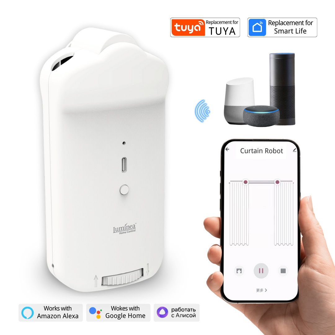 Luminea Home Control Smarter 3in1-Vorhangmotor, Akku, Bluetooth, Fernbedienung, Timer, App