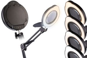 Lunartec LED-Lupenleuchte, 10-fach, CCT, 500 lm, dimmbar, Tischklemme/Standfuß