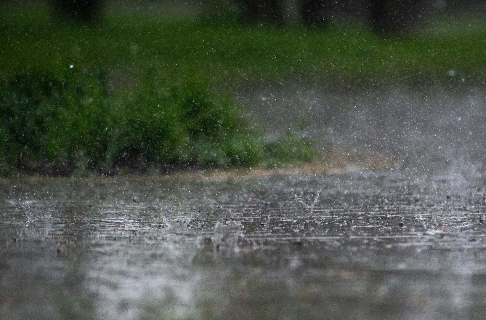 nahaufnahme von heftigem regen, der auf einen gepflasterten außenbereich spritzt, im hintergrund ist grünes laubwerk zu sehen.