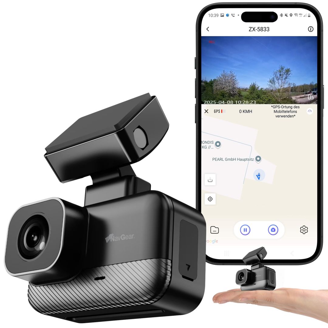 NavGear Mini-2K-Dashcam MDV-5605 mit G-Sensor, GPS, Parkwächter, Nachtsicht, WLAN, App
