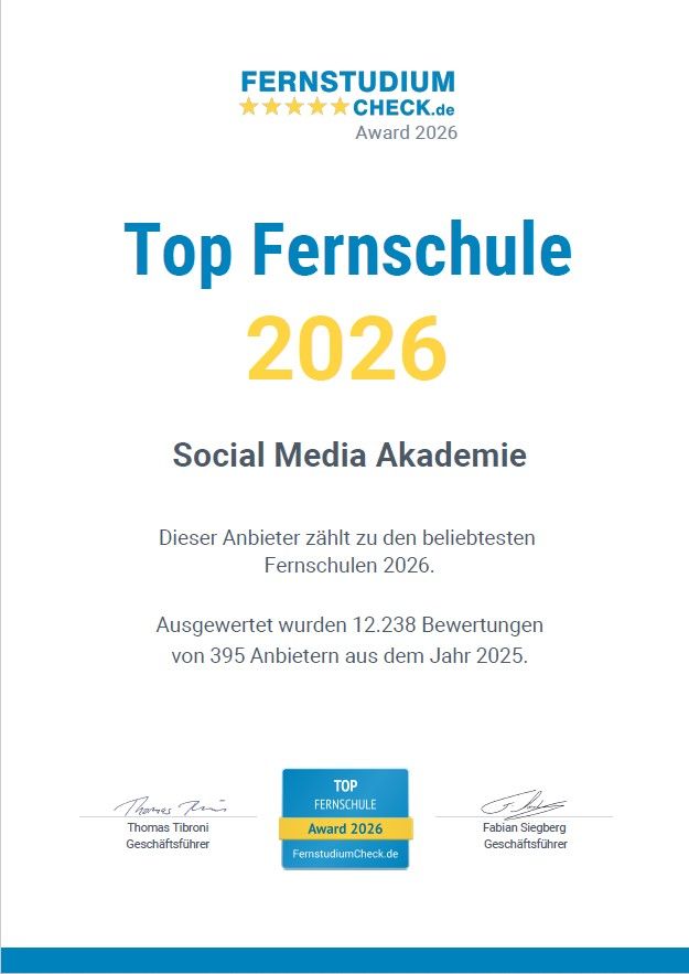 Neun Jahre in Folge ausgezeichnet: Social Media Akademie von WEKA Media ist auch 2026 „TOP-Fernschule“