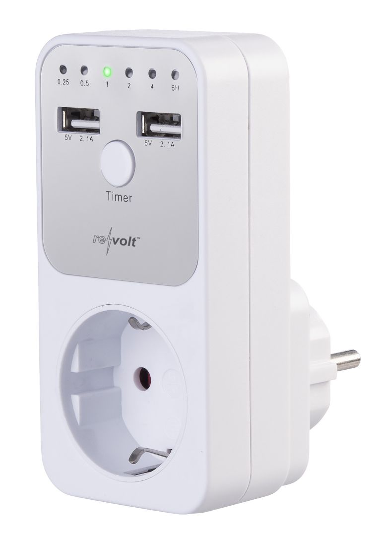 revolt Digitaler Dual-USB- und 230-V-Steckdosen-Countdown-Timer, LED-Anzeige