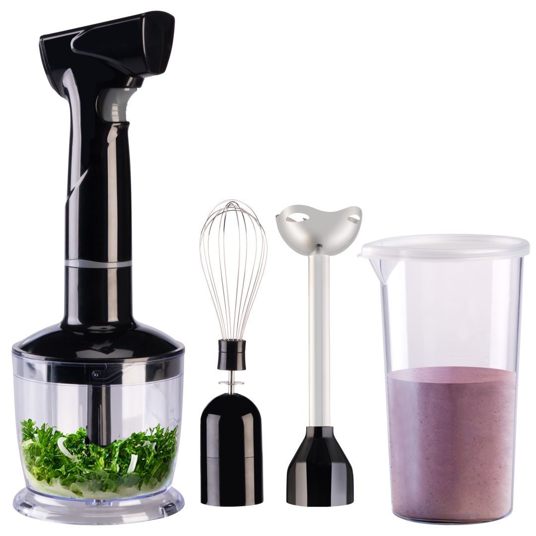 Rosenstein & Söhne Edelstahl-Akku-Stabmixer-Set SM-450, abnehmbarer Mixstab, Schneebesen, 135 Watt