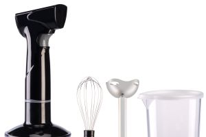 Rosenstein & Söhne Edelstahl-Akku-Stabmixer-Set SM-450, abnehmbarer Mixstab, Schneebesen, 135 Watt