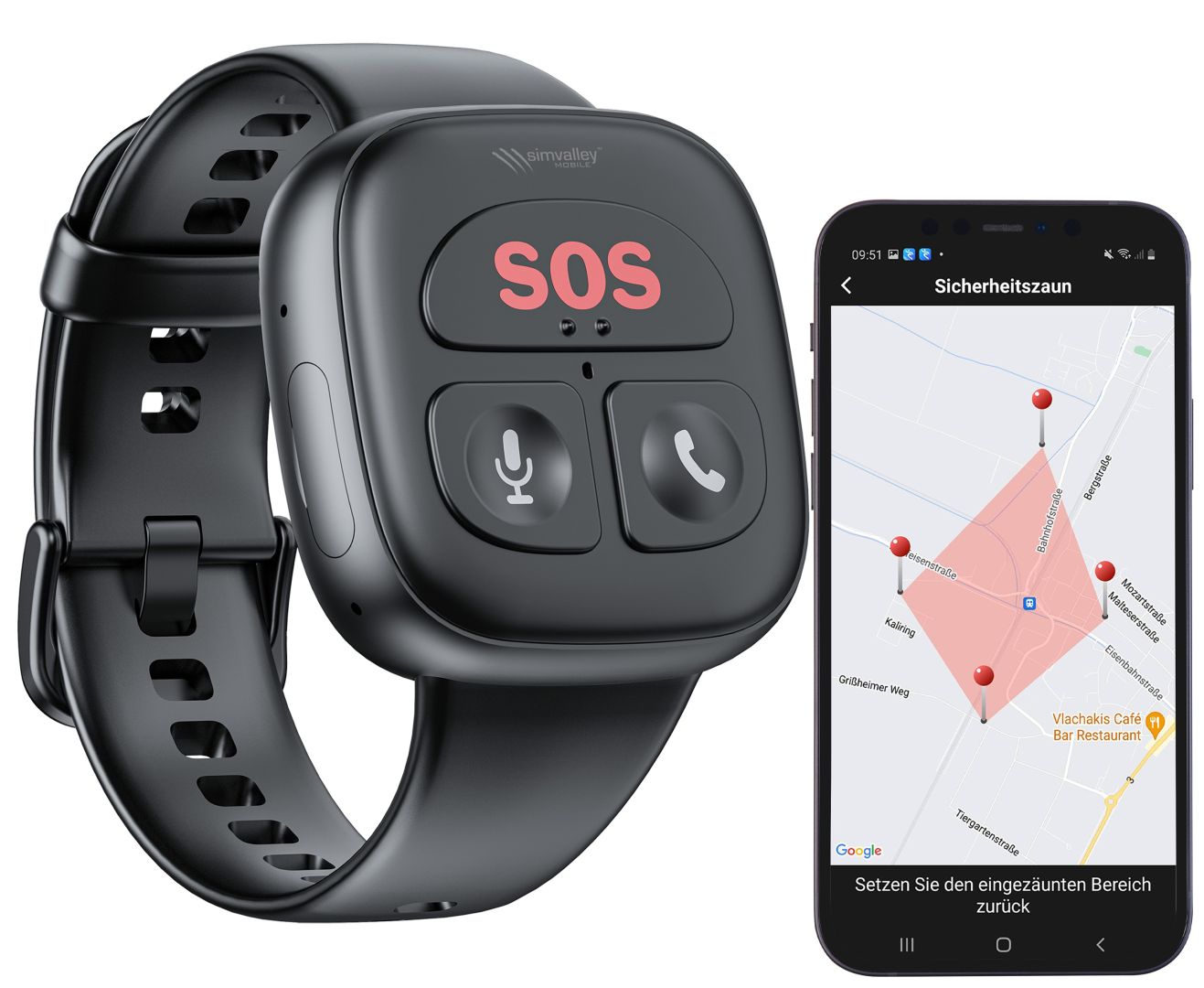 simvalley MOBILE 4G-Notfall-Armband PW-80.gps mit Freisprechen, GPS, Sturz-Sensor, App, IP67