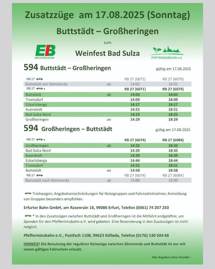 Sonderzüge auf der Pfefferminzbahn zum 31. Thüringer Weinfest in Bad Sulza