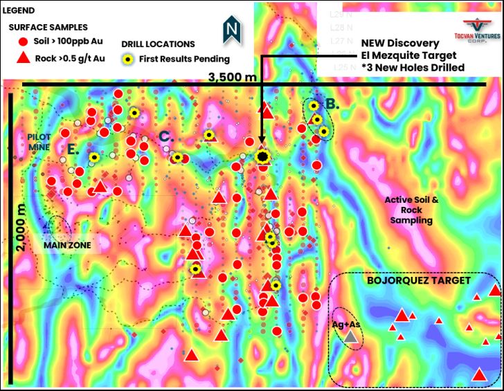 Tocvan meldet neue Gold-Silber-Ergebnisse der Oberflächenexploration und grenzt damit ein neues Zielgebiet 3 Kilometer östlich der Main Zone auf dem Gold-Silber-Projekt Gran Pilar ab